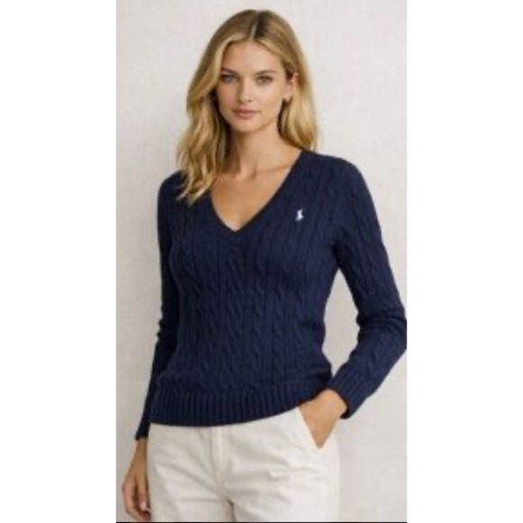 Polo Ralph Lauren Sweaters - NWT Polo Ralph Lauren Womens Blue Cableknit V Neck Sweater Preppy Classic Work M
